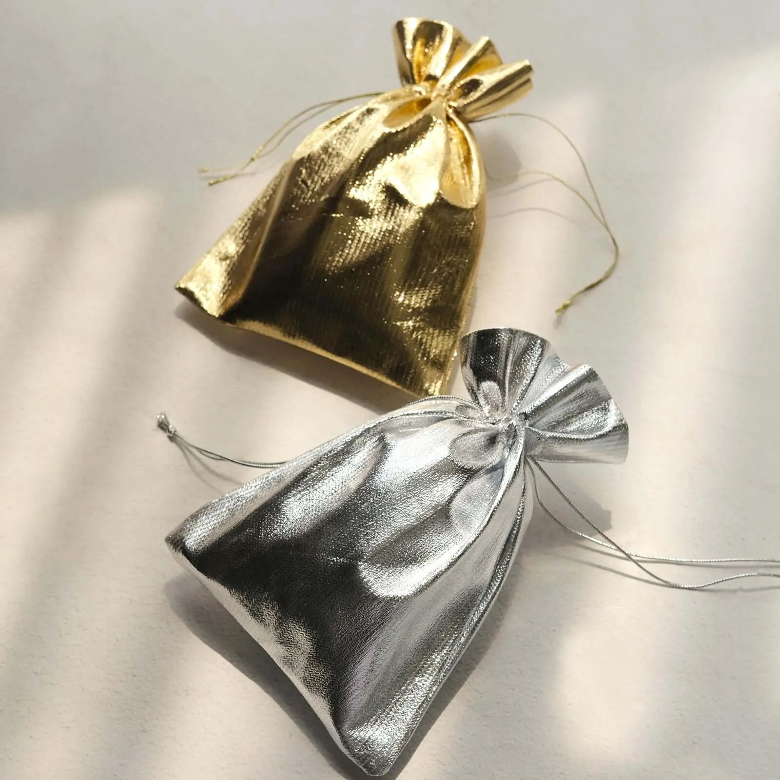 10 Pack Metallic Silver Lame Polyester Party Favor Gift Bags, Shiny Fabric Drawstring Candy Pouch 5"x7"