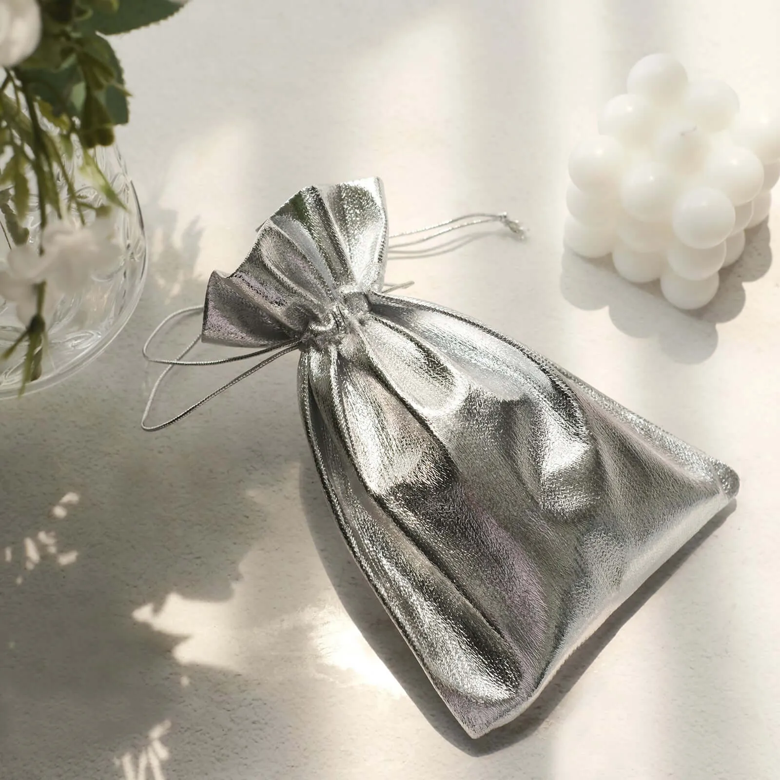 10 Pack Metallic Silver Lame Polyester Party Favor Gift Bags, Shiny Fabric Drawstring Candy Pouch 5"x7"