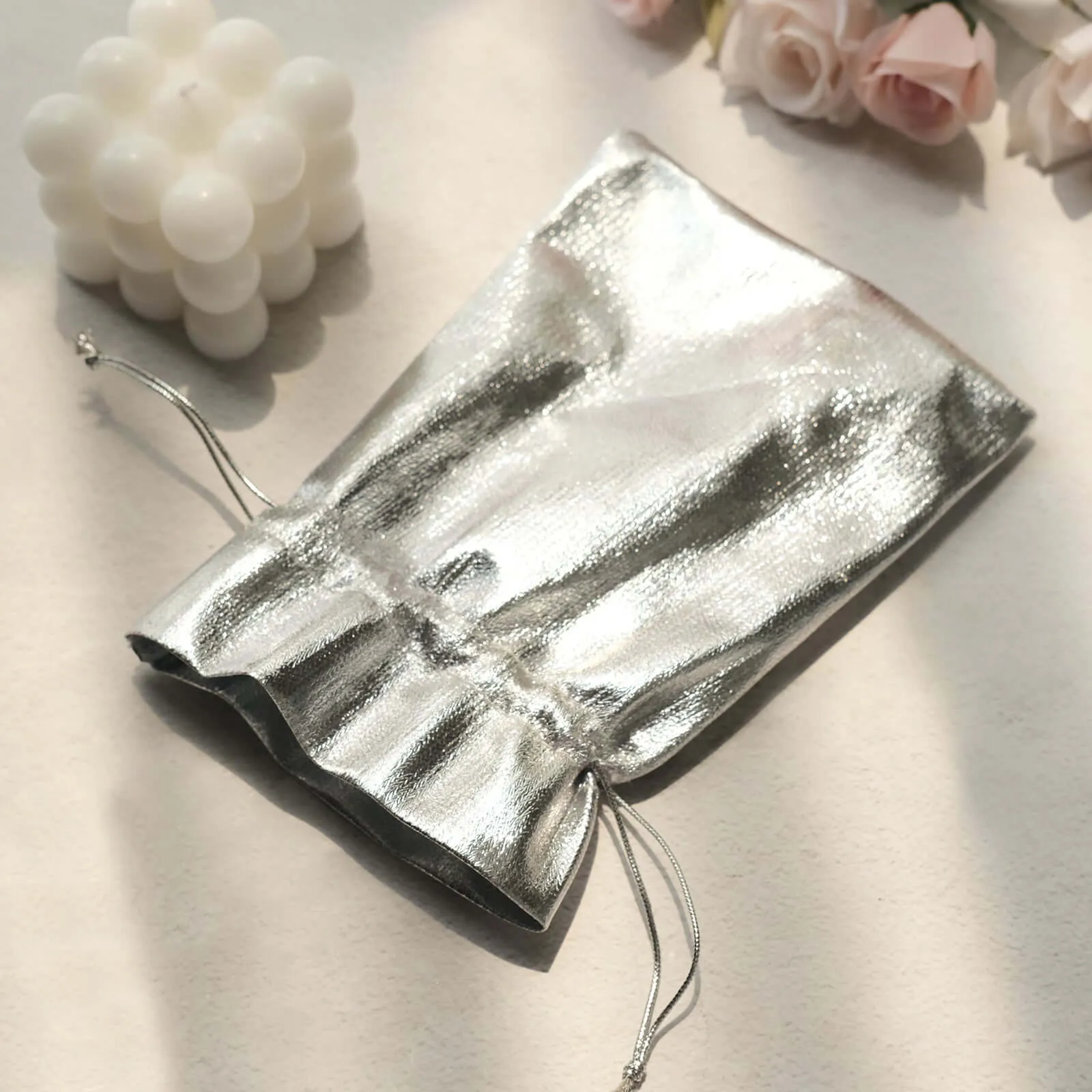 10 Pack Metallic Silver Lame Polyester Party Favor Gift Bags, Shiny Fabric Drawstring Candy Pouch 5"x7"