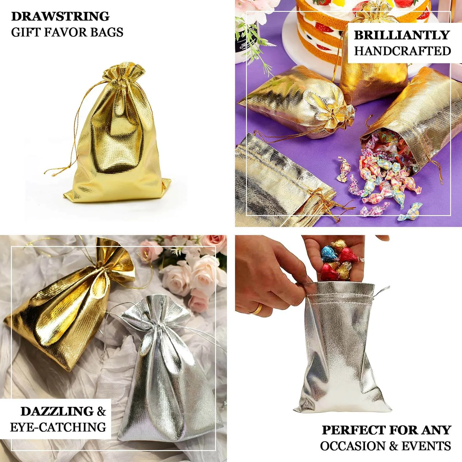 10 Pack Metallic Silver Lame Polyester Party Favor Gift Bags, Shiny Fabric Drawstring Candy Pouch 5"x7"