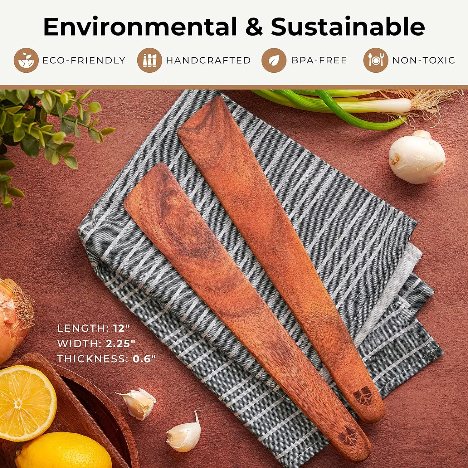 12 inch Teak Wood Spatula for Cast Iron, Small Wood Flipper, Egg Scraper, Set of 2