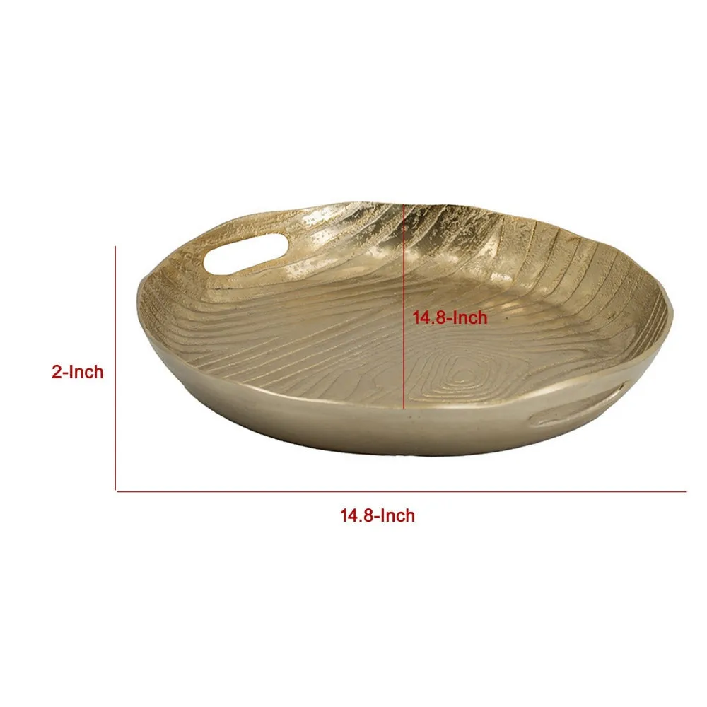 15 Inch Round Decorative Platter Tray, Sloped Rim, Texture Brass Gold  By Casagear Home