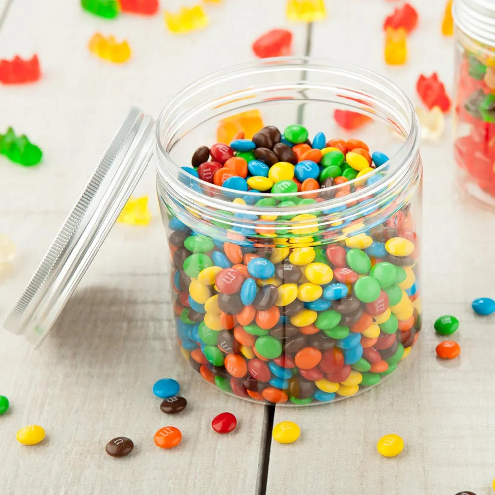 17 oz Round Clear Plastic Candy and Snack Jar - with Aluminum Lid - 3 1/2" x 3 1/2" x 3 3/4" - 100 count box