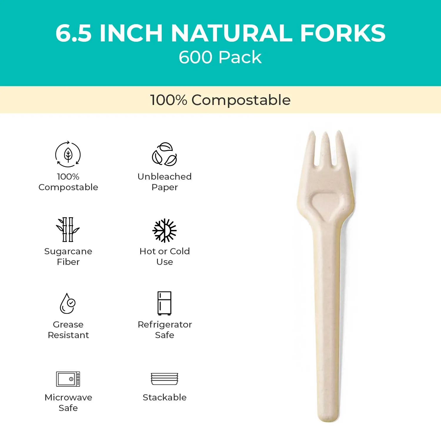 6.5 inch Renewable Fiber (Paper) Forks (200 or 600 Packs), PFAS, Bleach Free, BPI Certified, Compostable