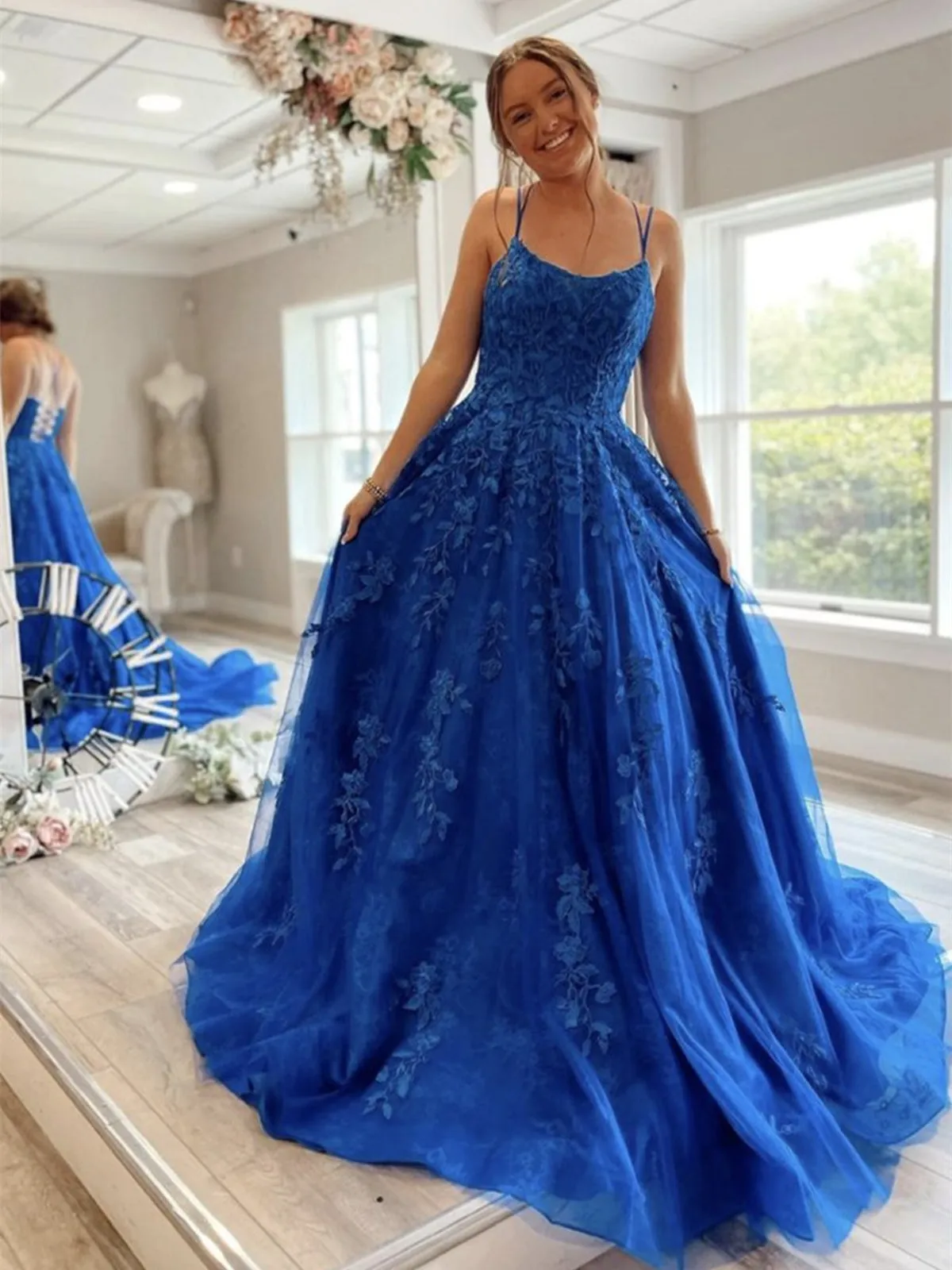 A Line Backless Blue Lace Long Prom Dresses, Blue Lace Formal Dresses, Blue Evening Dresses