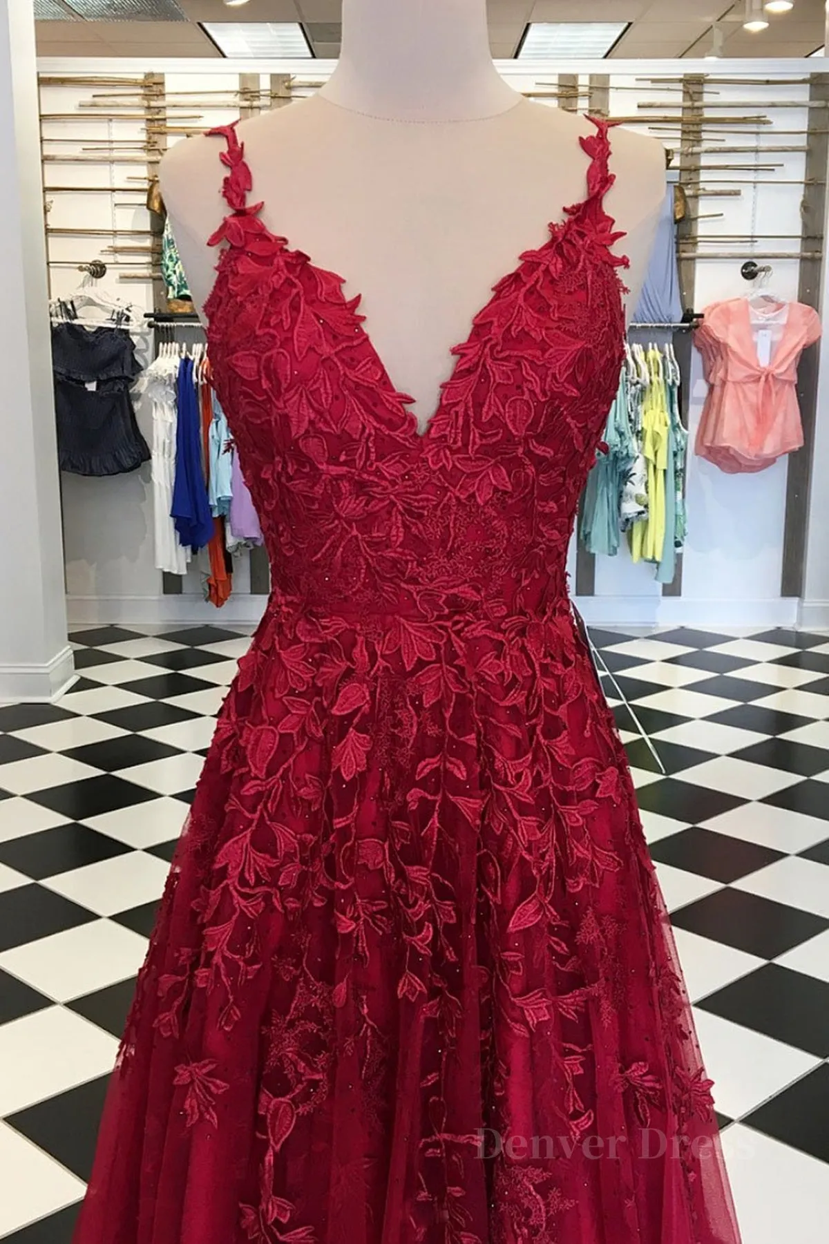 A Line V Neck Burgundy Lace Prom Dresses Wine Burgundy Lace Formal Evening Dresses