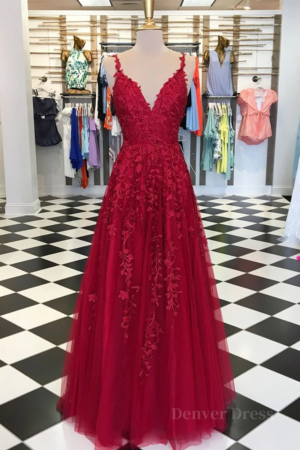 A Line V Neck Burgundy Lace Prom Dresses Wine Burgundy Lace Formal Evening Dresses