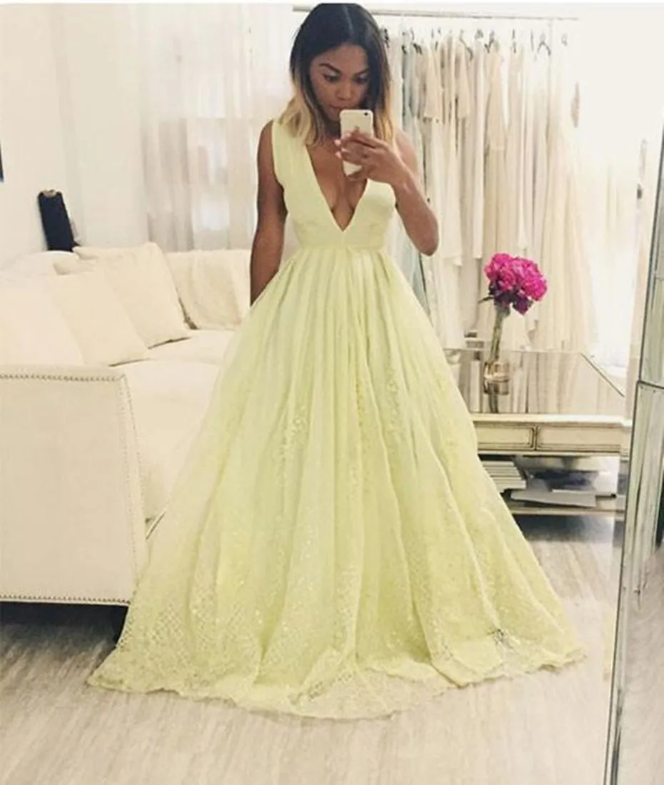 A Line V Neck Lace Yellow Long Prom Dresses, Yellow Lace Formal Dresses, Yellow Lace Evening Dresses, Graduation Dresses