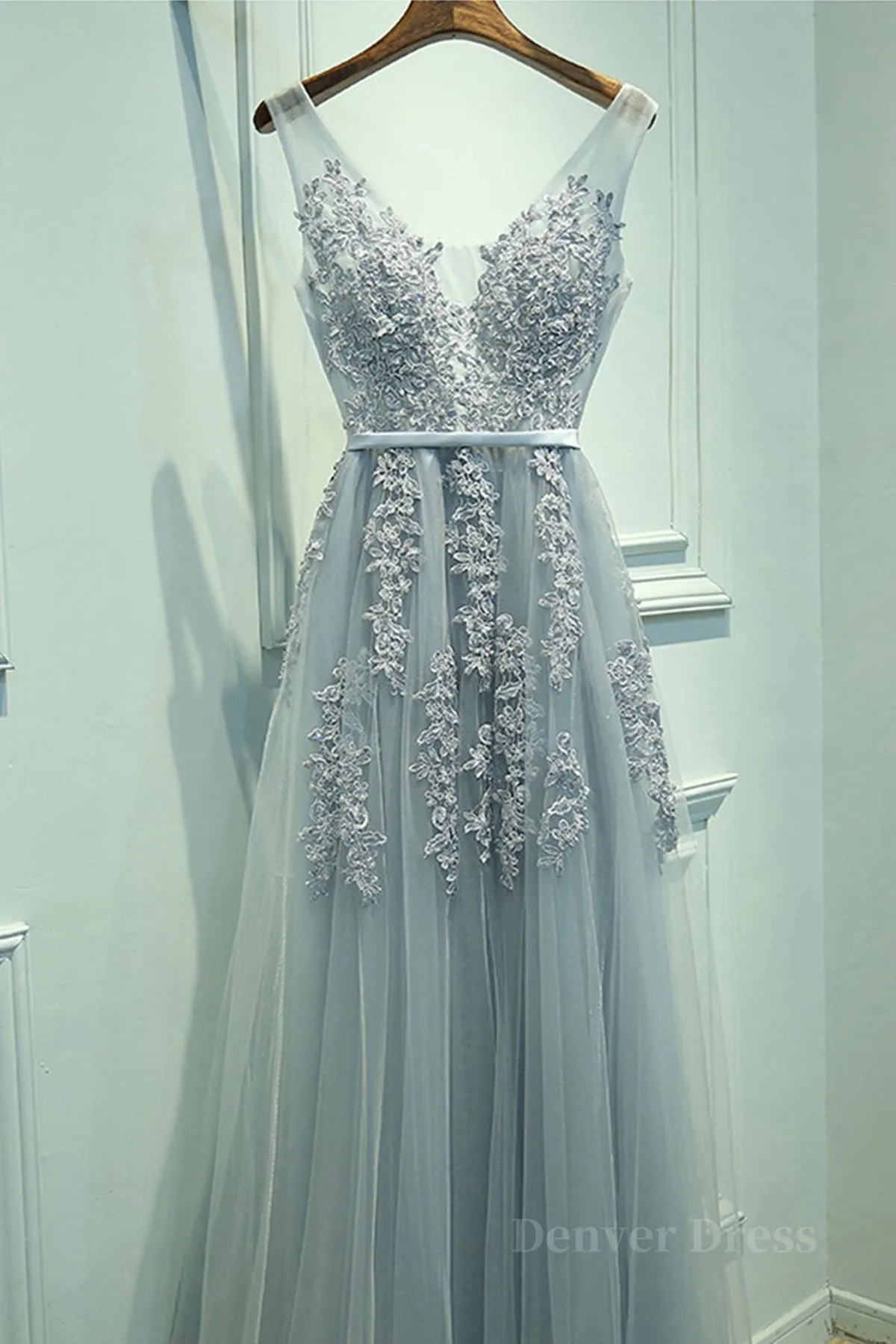 A Line V Neck Silver Gray Lace Prom Dresses Grey Lace Formal Evening Dresses