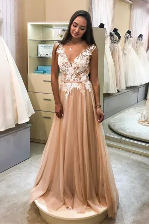 A Line V Neck White Lace Champagne Tulle Long Prom Dresses, Lace Champagne Formal Dresses, Champagne Evening Dresses