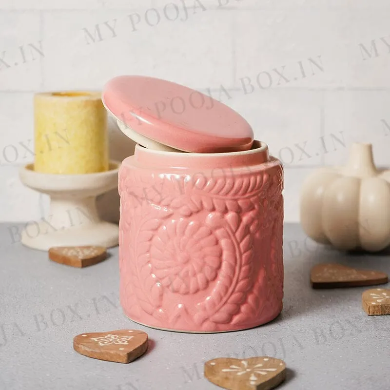 Alluring Kaolinite Ceramic Handcrafted Floral Multipurpose Storage Jar