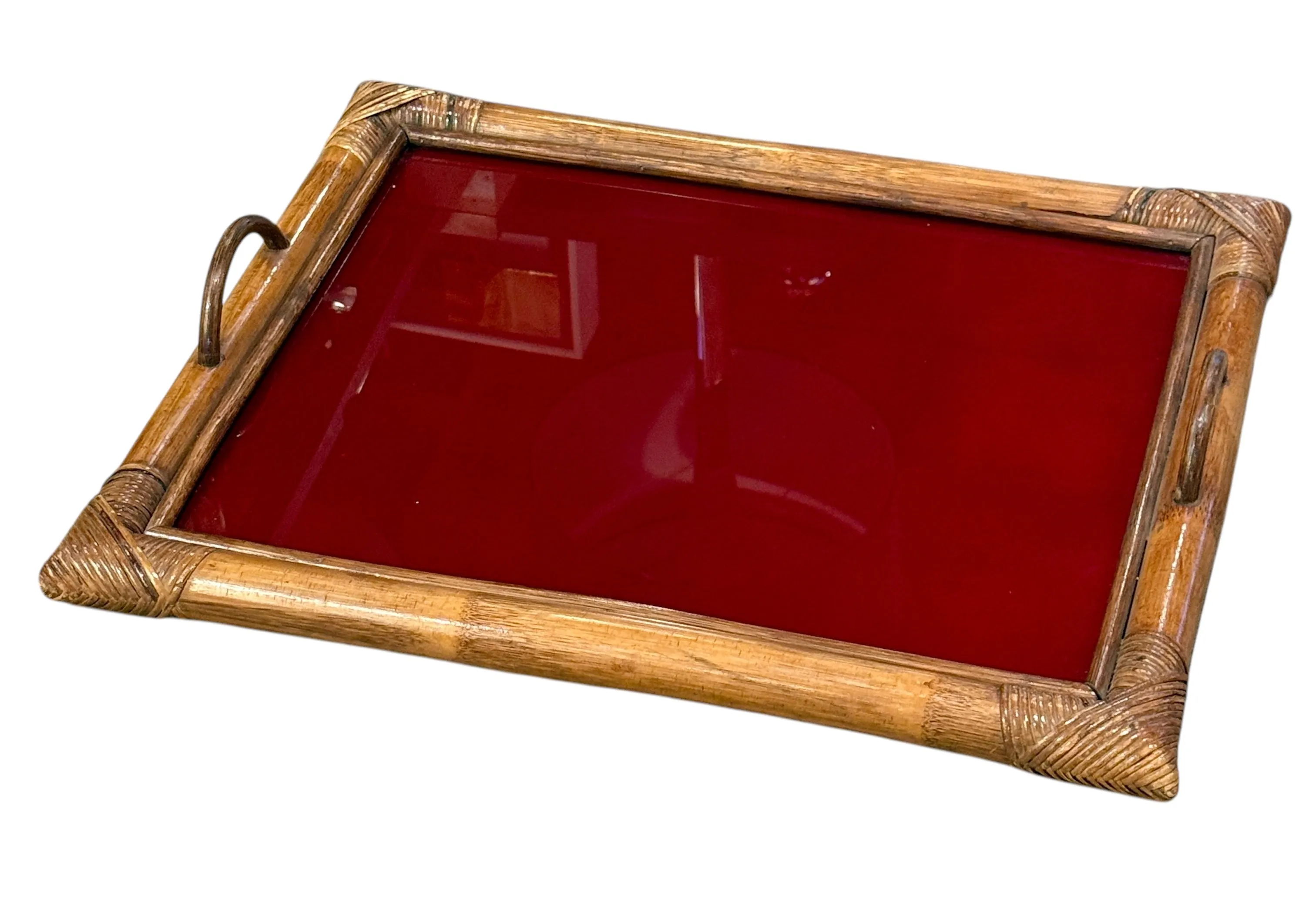 Bamboo Tray, Italy 70s, with burgundy top