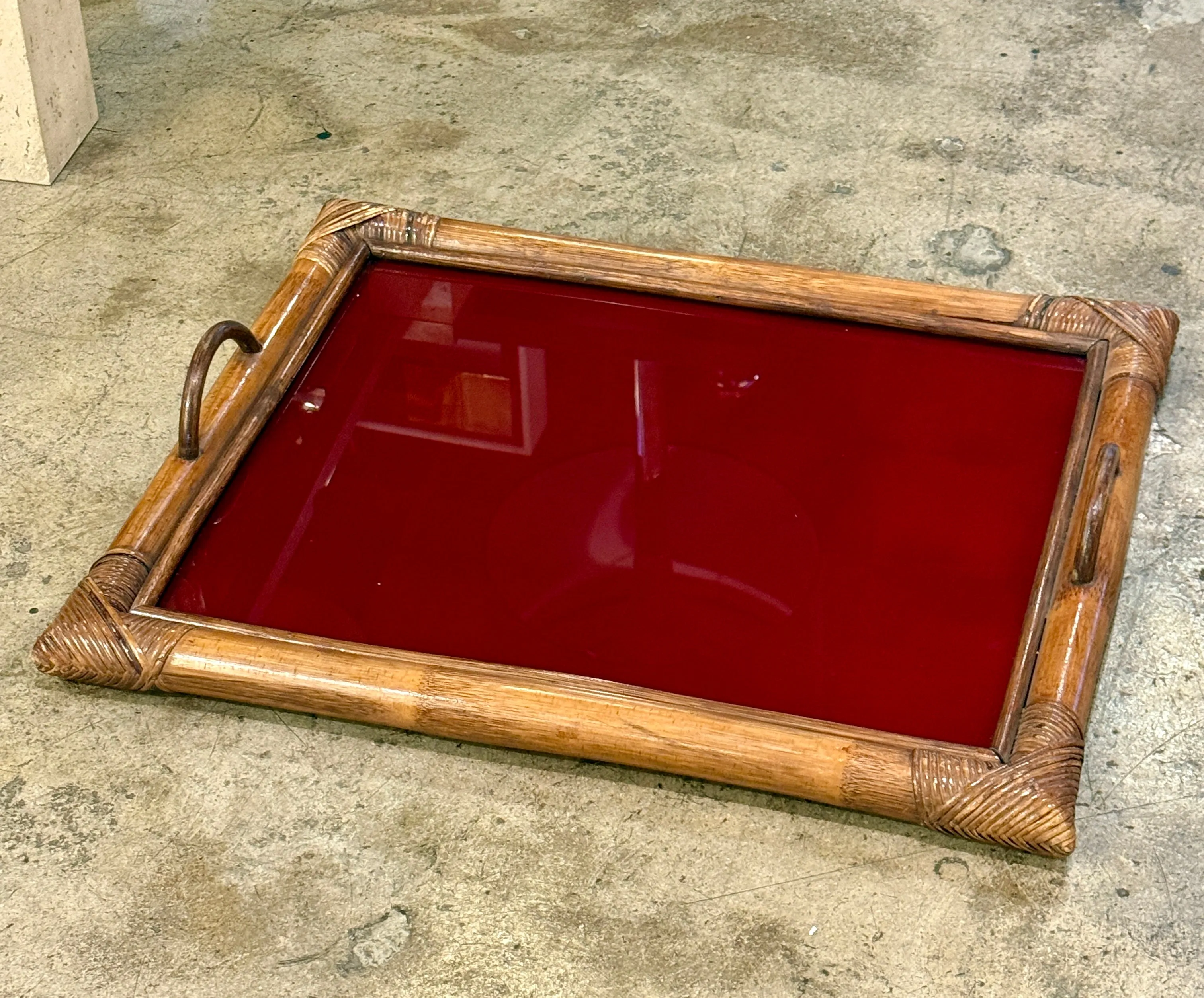 Bamboo Tray, Italy 70s, with burgundy top