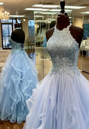 Blue Tulle Long A-Line Prom Dresses Lace Evening Dresses