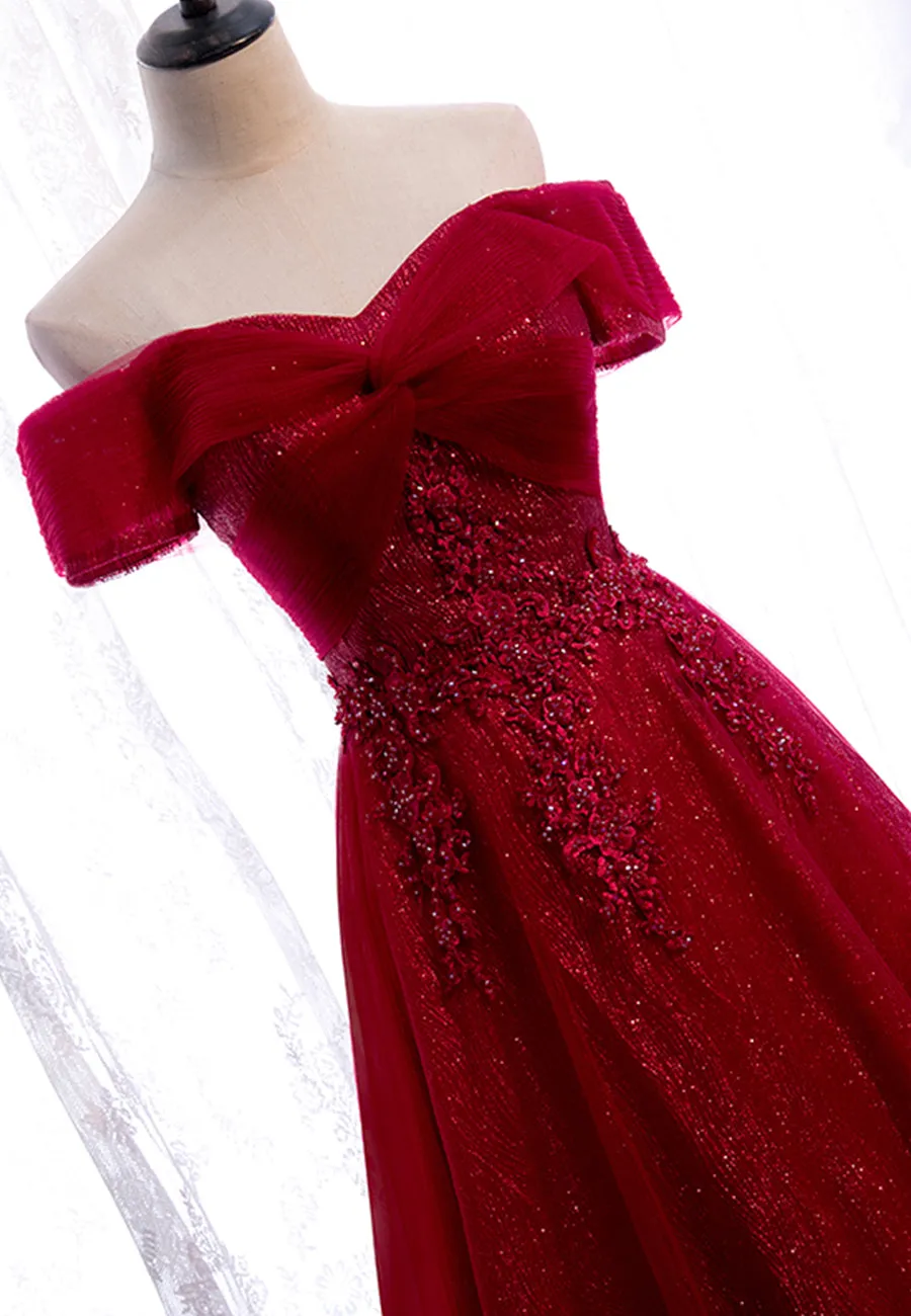 Burgundy Lace Long Prom Dresses A-Line Off the Shoulder Evening Dresses