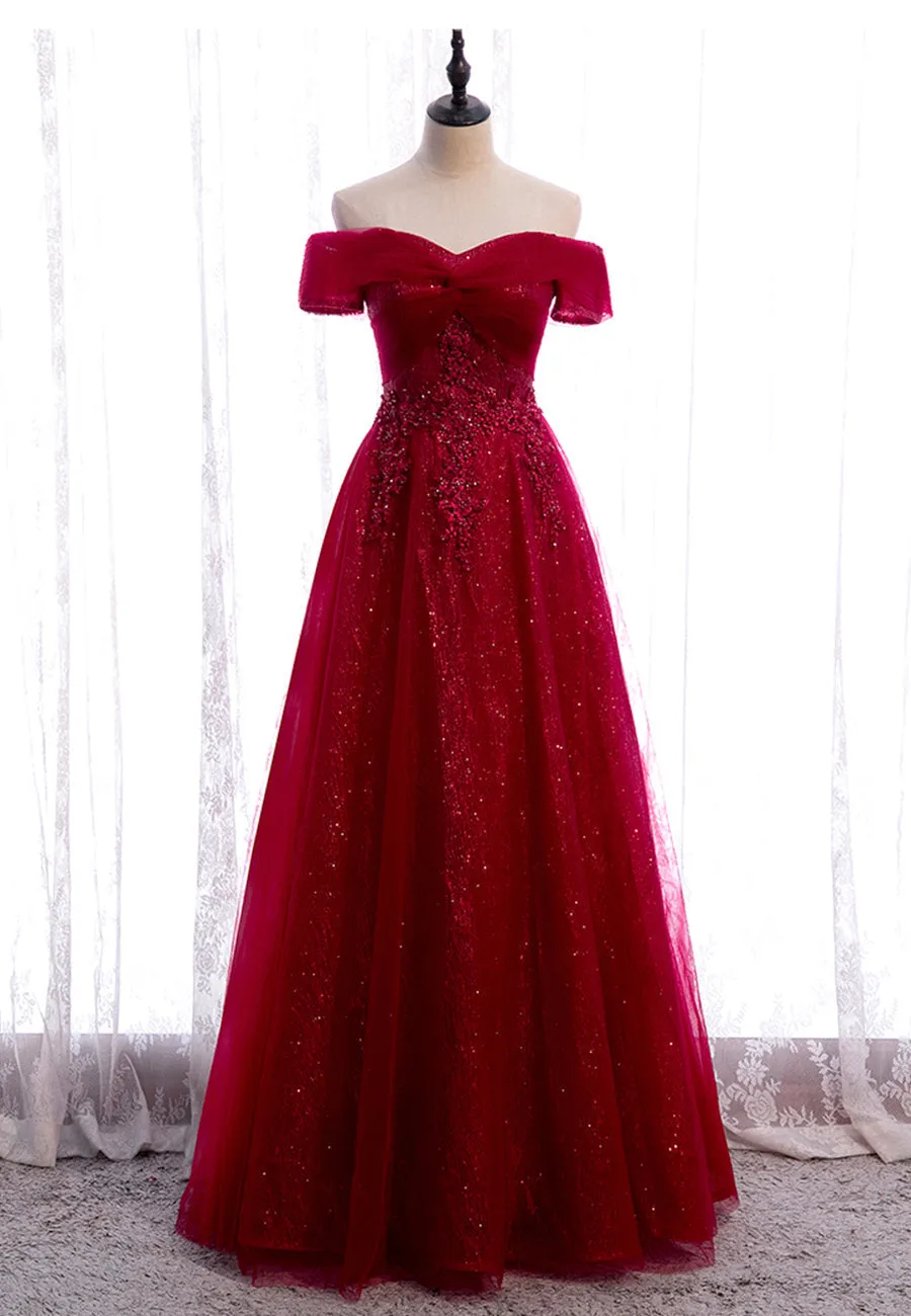 Burgundy Lace Long Prom Dresses A-Line Off the Shoulder Evening Dresses