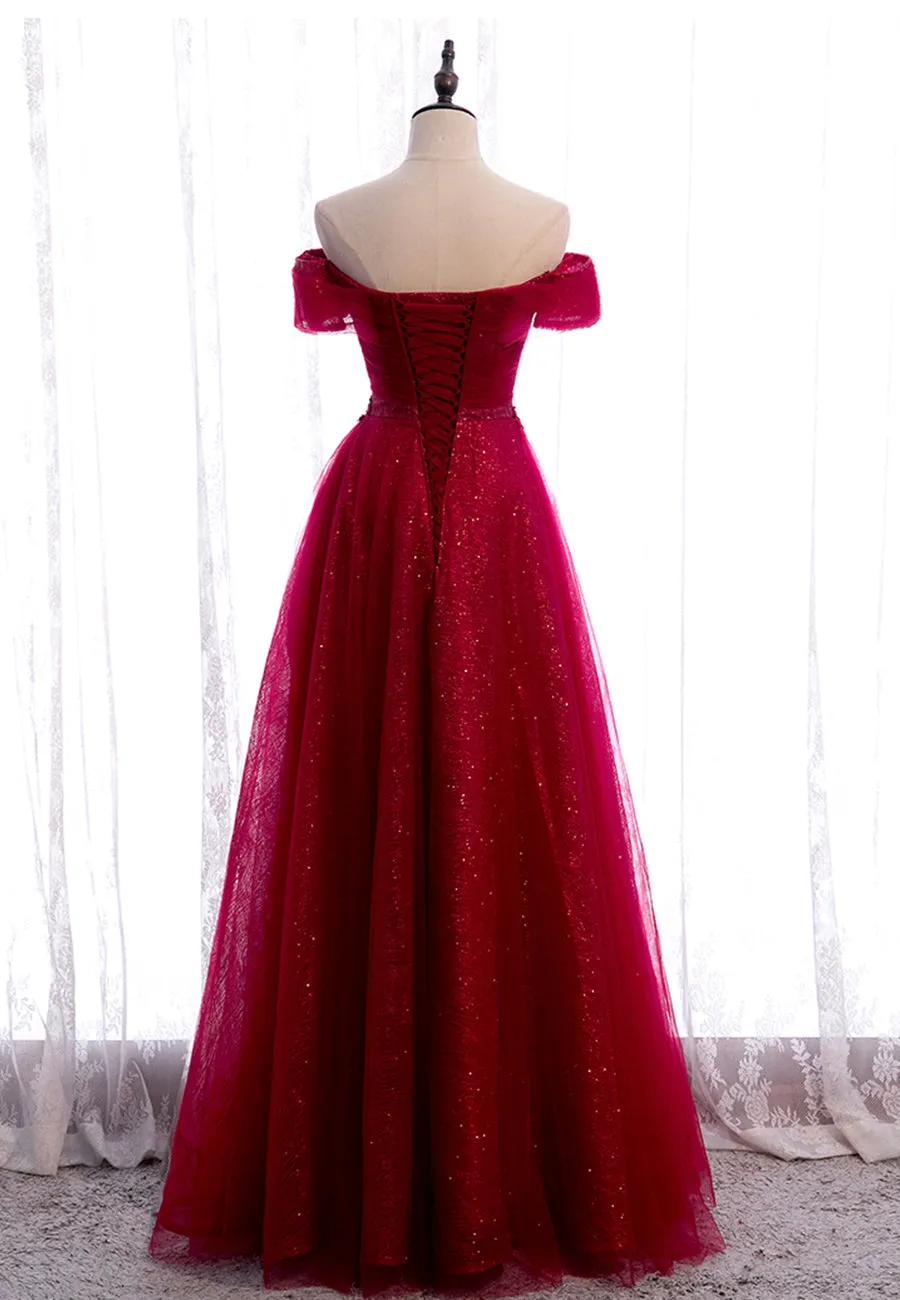 Burgundy Lace Long Prom Dresses A-Line Off the Shoulder Evening Dresses