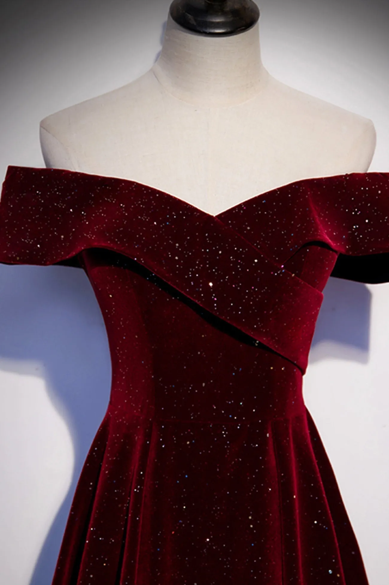 Burgundy Velvet Long Prom Dresses Off the Shoulder Evening Dresses