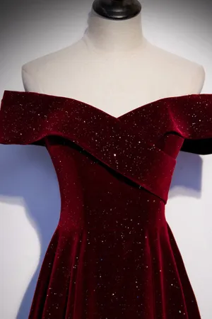 Burgundy Velvet Long Prom Dresses Off the Shoulder Evening Dresses