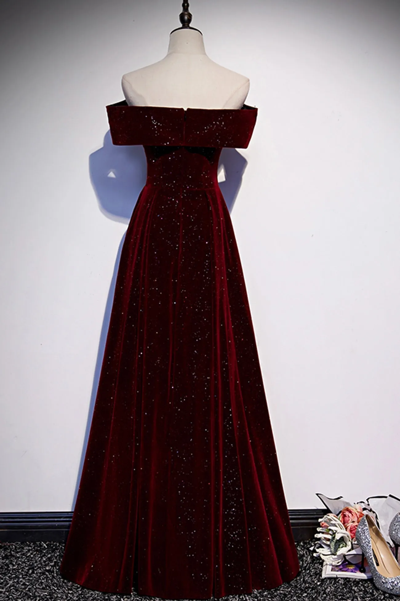 Burgundy Velvet Long Prom Dresses Off the Shoulder Evening Dresses