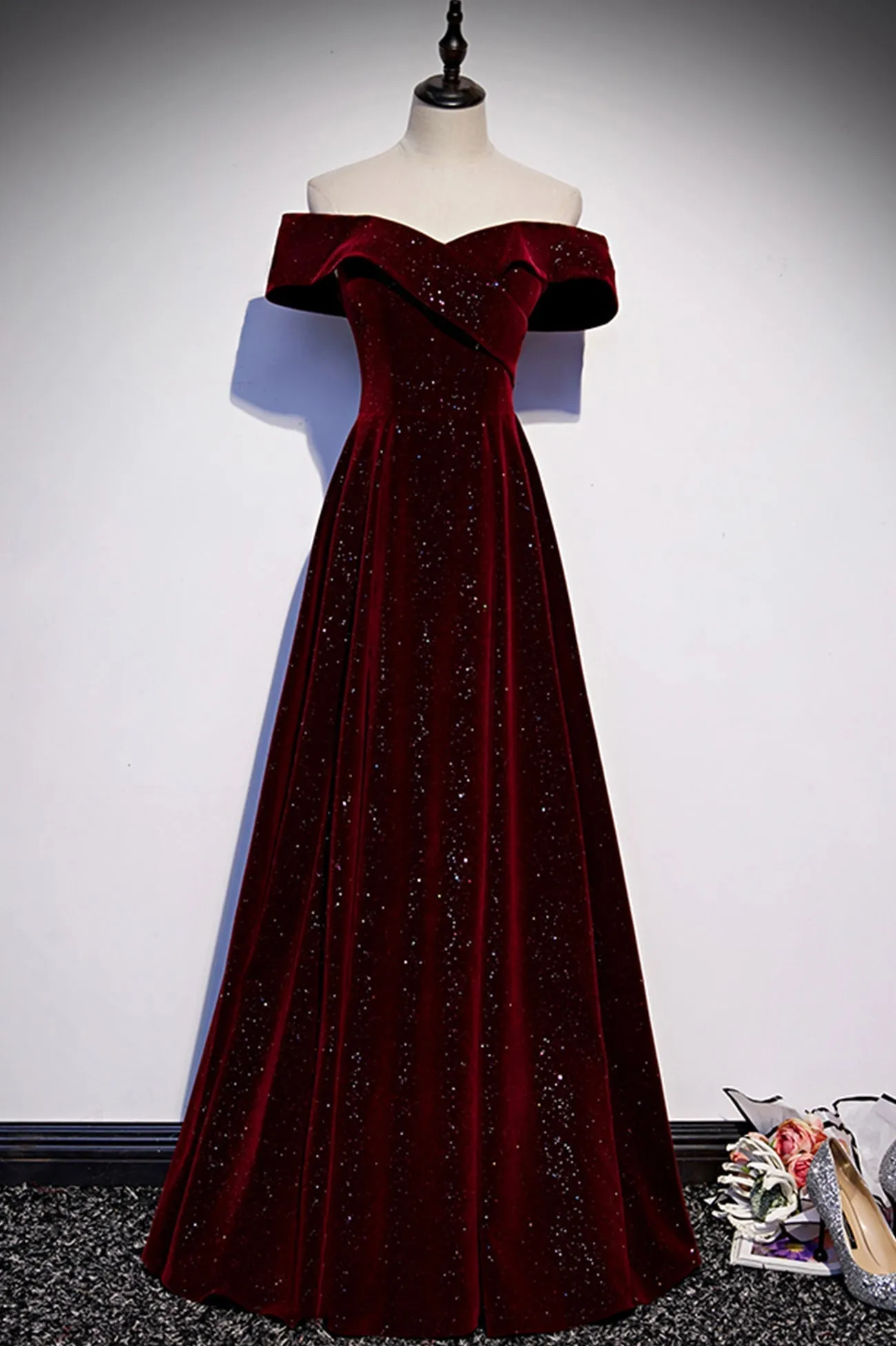 Burgundy Velvet Long Prom Dresses Off the Shoulder Evening Dresses