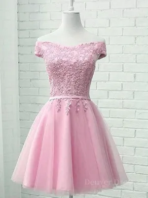 Cap Sleeves Short Pink Lace Prom Dresses Short Pink Lace Formal Bridesmaid Dresses