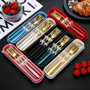 Colorful Stainless Steel Cutlery Set of 3 - Spoon, Fork & Chopsticks Included