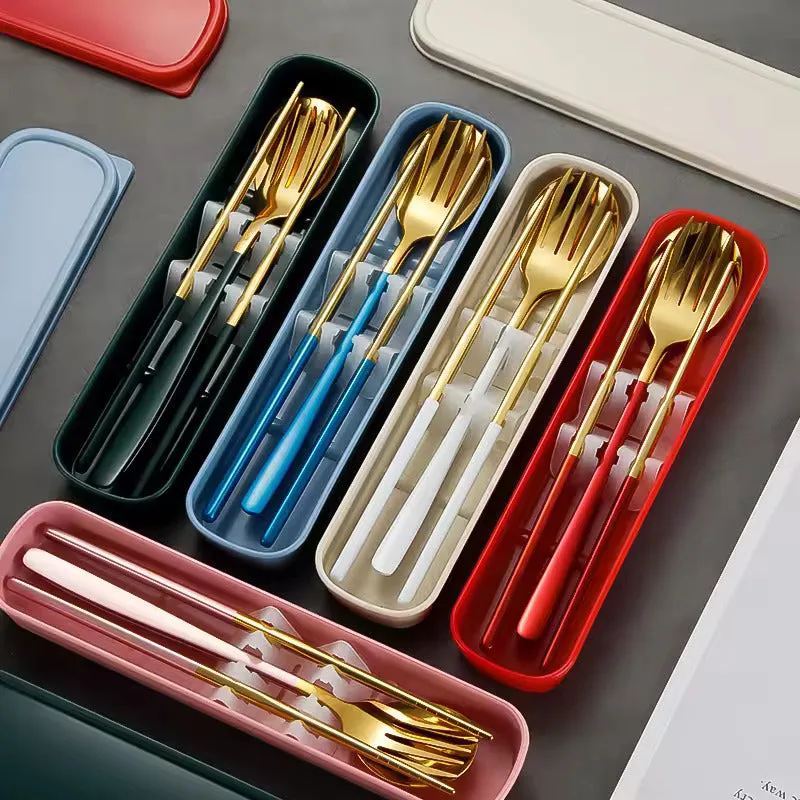 Colorful Stainless Steel Cutlery Set of 3 - Spoon, Fork & Chopsticks Included