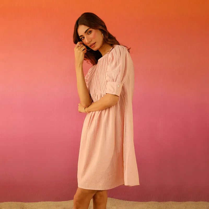 Cotton Linen Short Dress for Women | Rose Pink