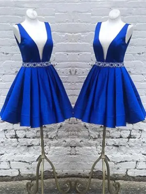 Deep V Neck Royal Blue Short Satin Prom Dresses, Royal Blue V Neck Short Formal Homecoming Dresses