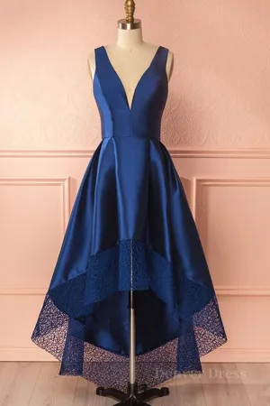 High Low V Neck Blue Satin Prom Dresses Open Back Blue Formal Dresses Blue Evening Dresses