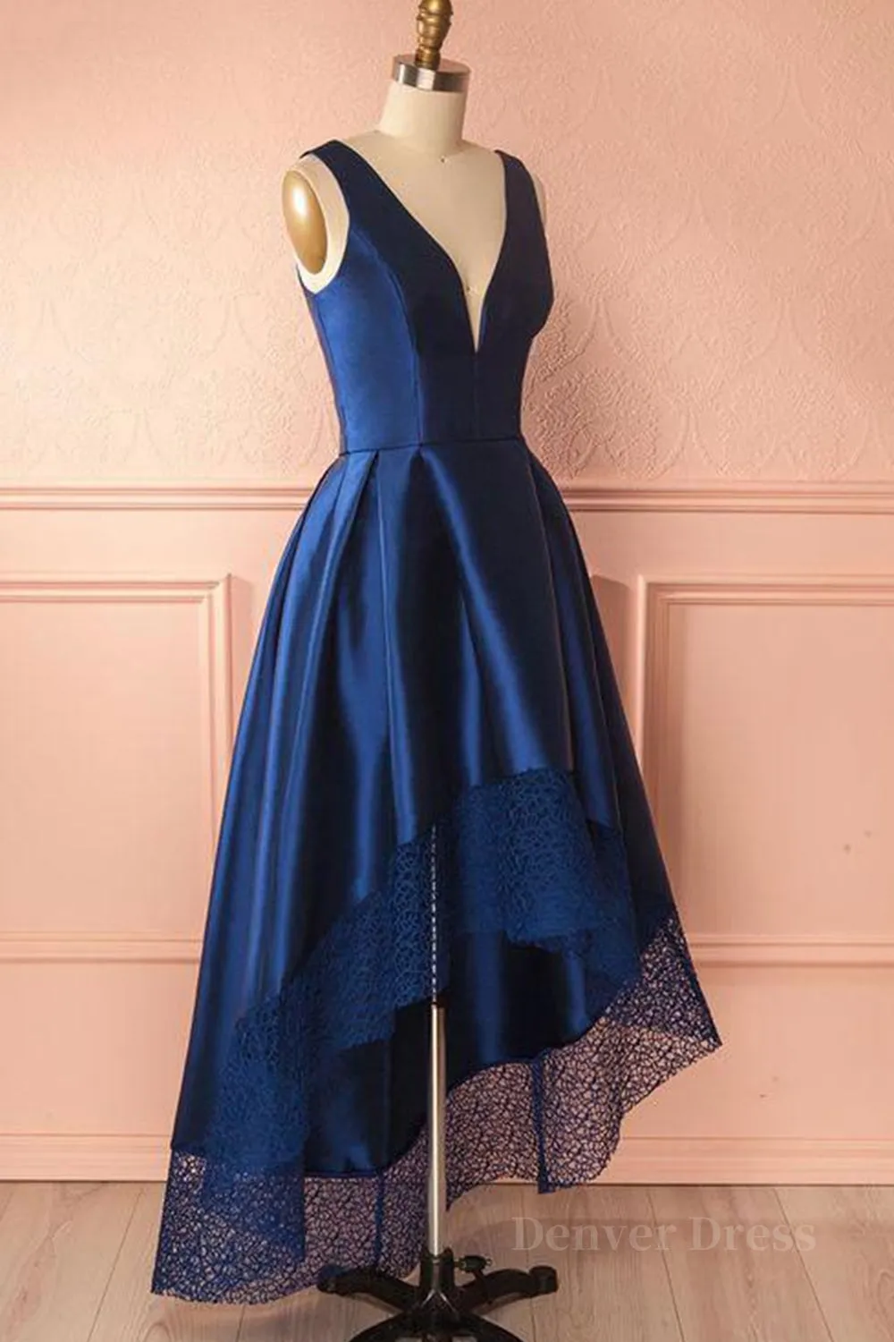 High Low V Neck Blue Satin Prom Dresses Open Back Blue Formal Dresses Blue Evening Dresses