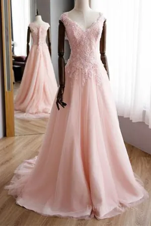 kamahe A Line V Neck Pink Lace Long Prom Dresses, Pink Lace Formal Graduation Evening Dresses