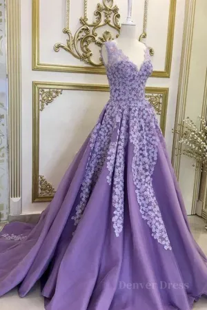 kamahe A Line V Neck Purple Long Prom Dresses with Lace Appliques, V Neck Purple Formal Evening Dresses