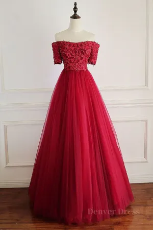 kamahe Off Shoulder Burgundy Lace Long Prom Dresses, Burgundy Lace Formal Dresses, Burgundy Evening Dresses