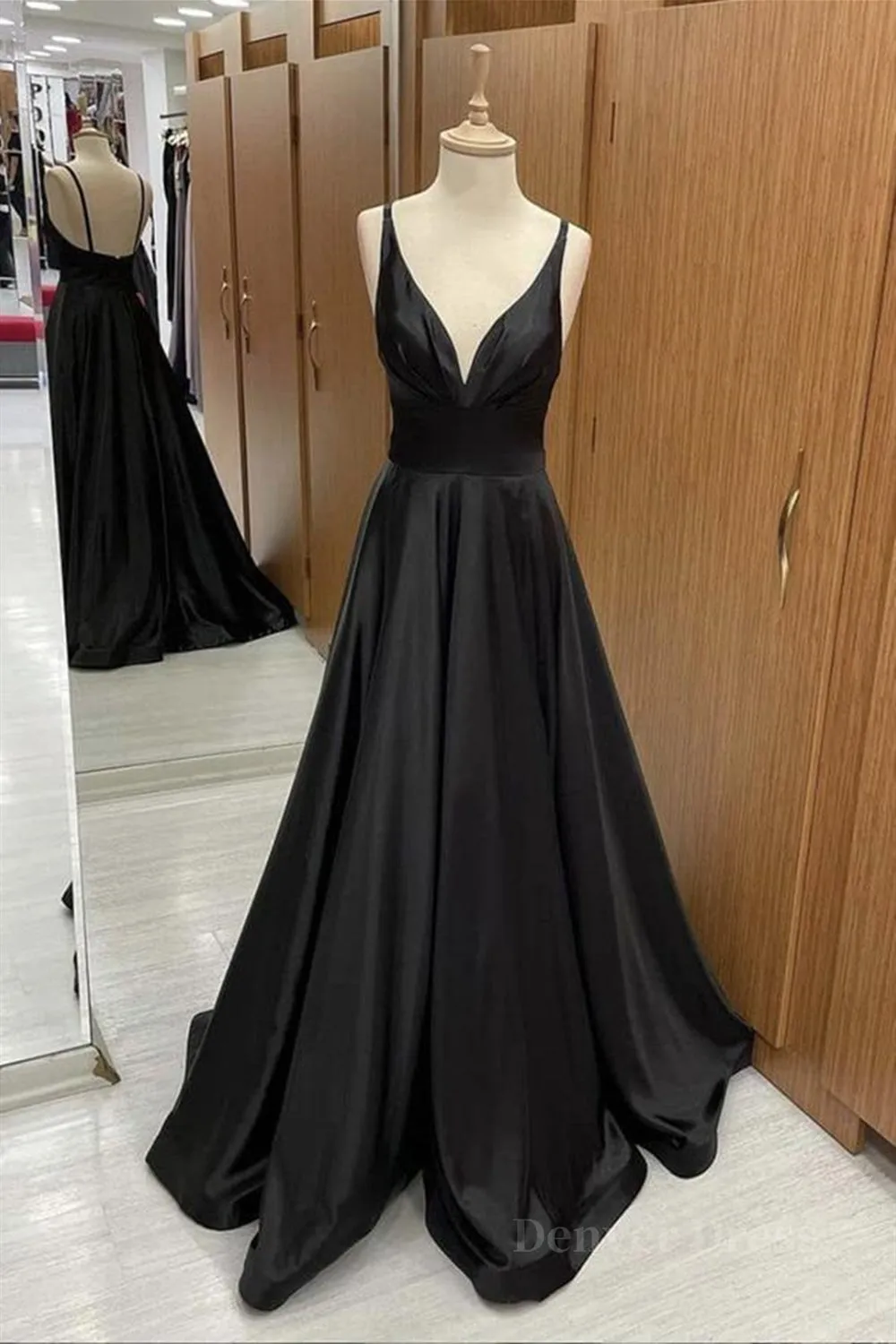 kamahe V Neck Backless Black Satin Long Prom Dresses, Backless Black Formal Dresses, Black Evening Dresses