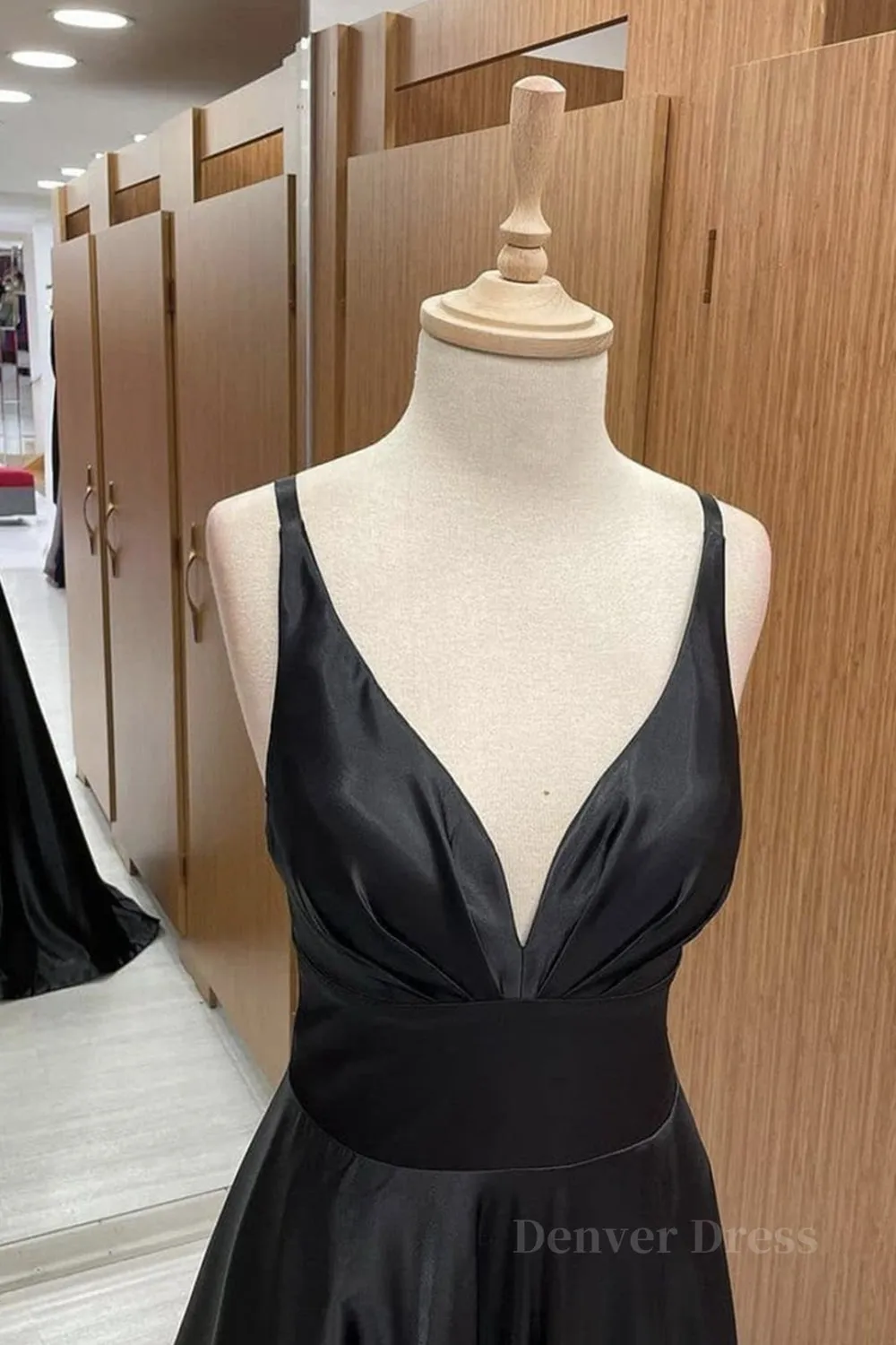 kamahe V Neck Backless Black Satin Long Prom Dresses, Backless Black Formal Dresses, Black Evening Dresses