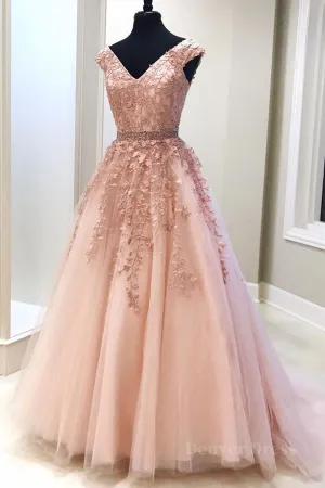 Pink V Neck Long Lace Prom Dresses Pink V Neck Long Lace Formal Evening Dresses