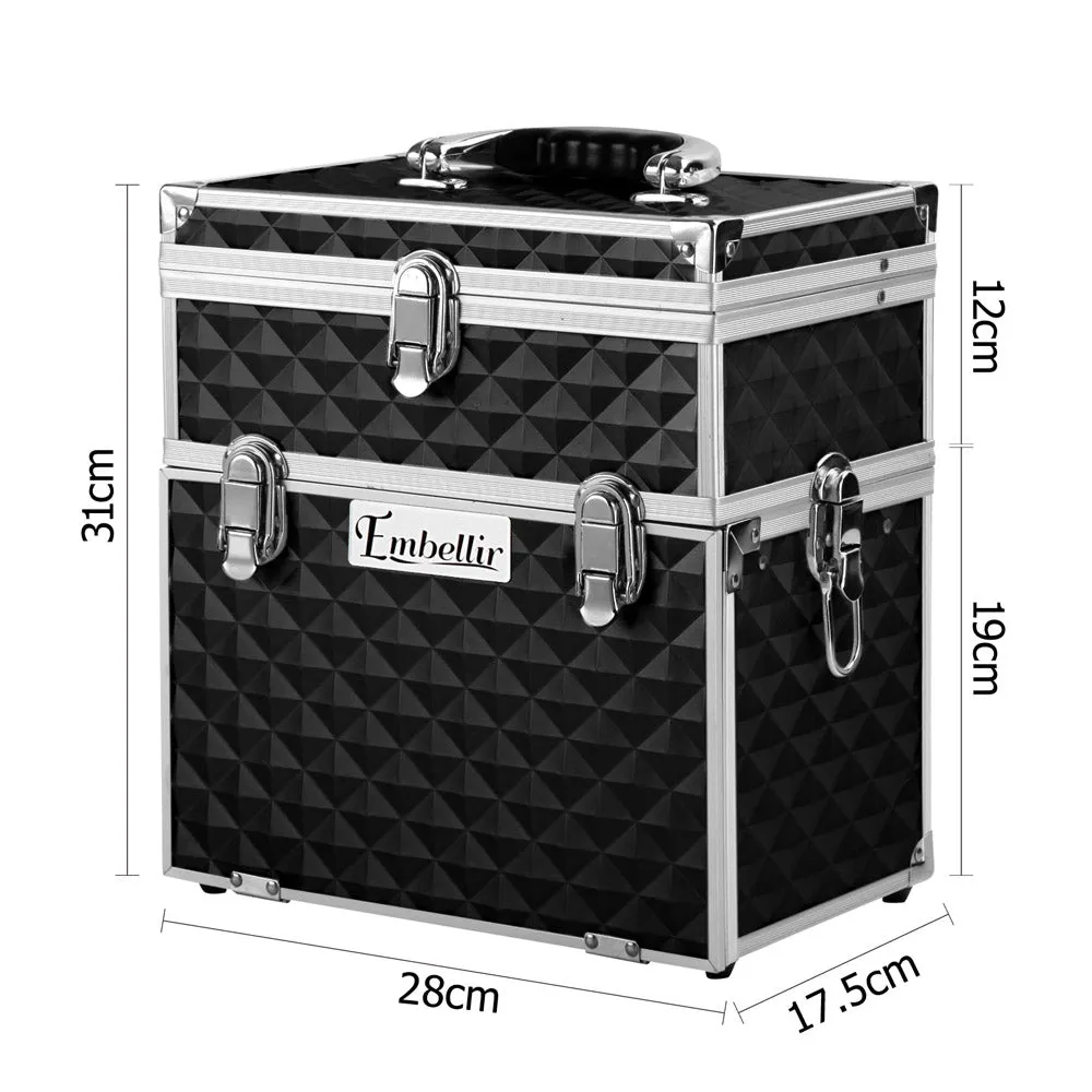 Portable Diamond Black Makeup Case w/Mirror, 2 Trays, Embellir