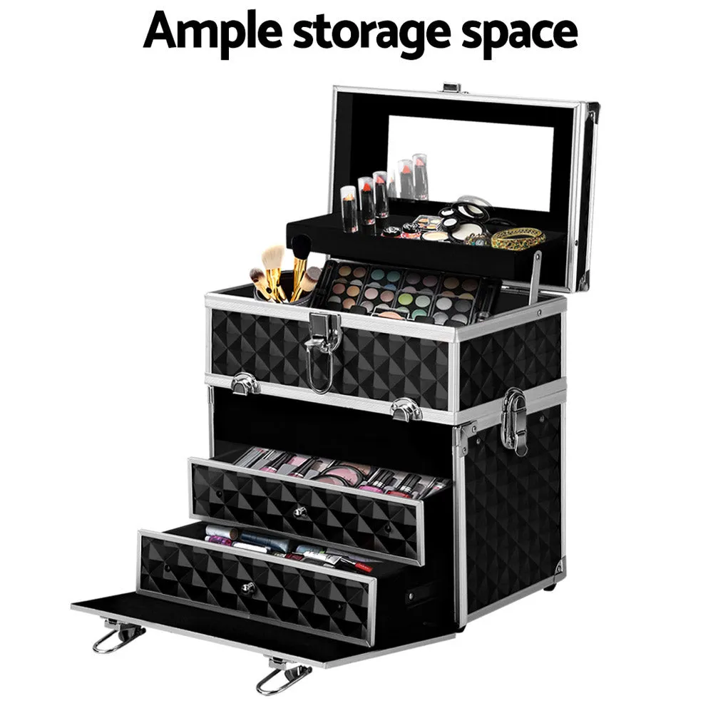 Portable Diamond Black Makeup Case w/Mirror, 2 Trays, Embellir