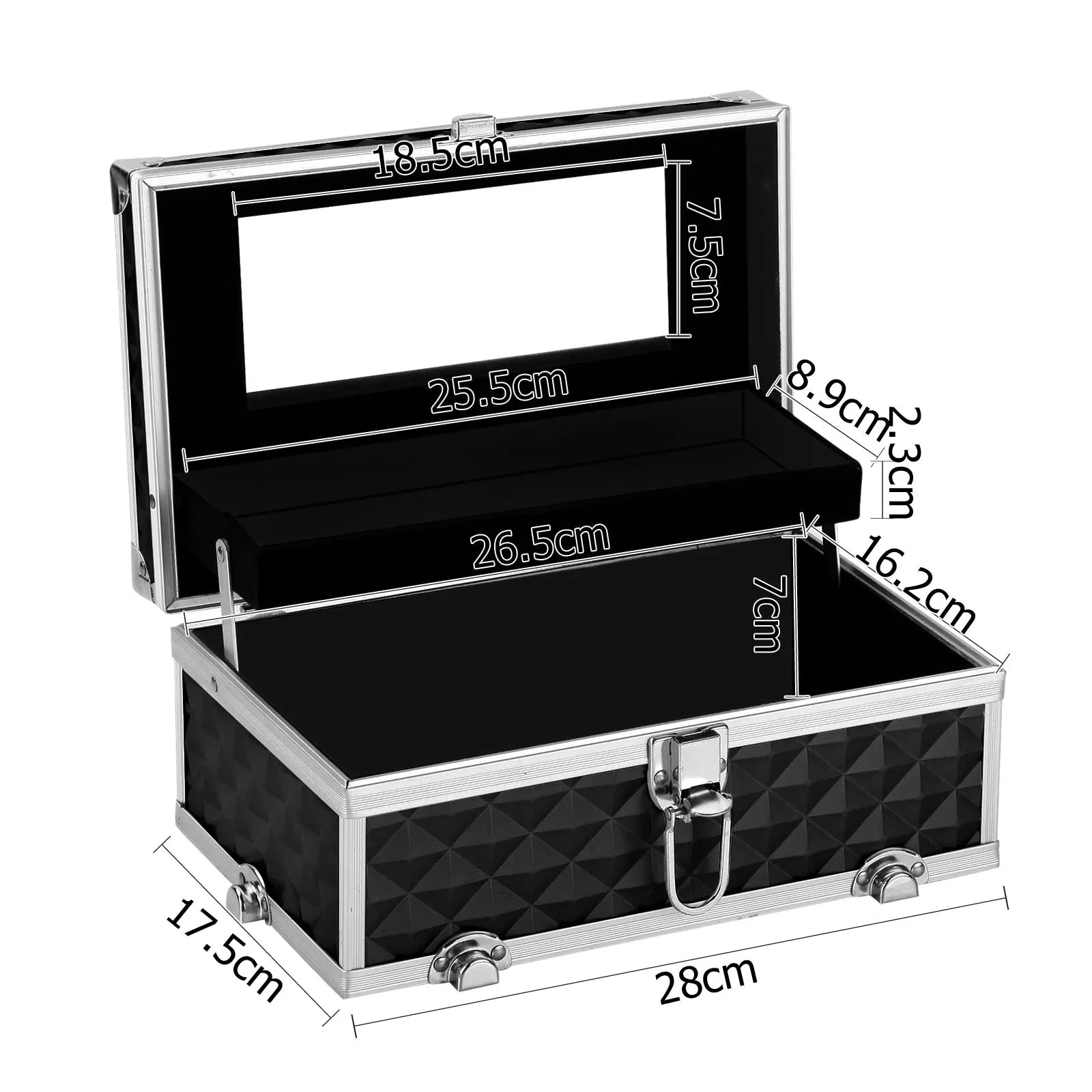 Portable Diamond Black Makeup Case w/Mirror, 2 Trays, Embellir