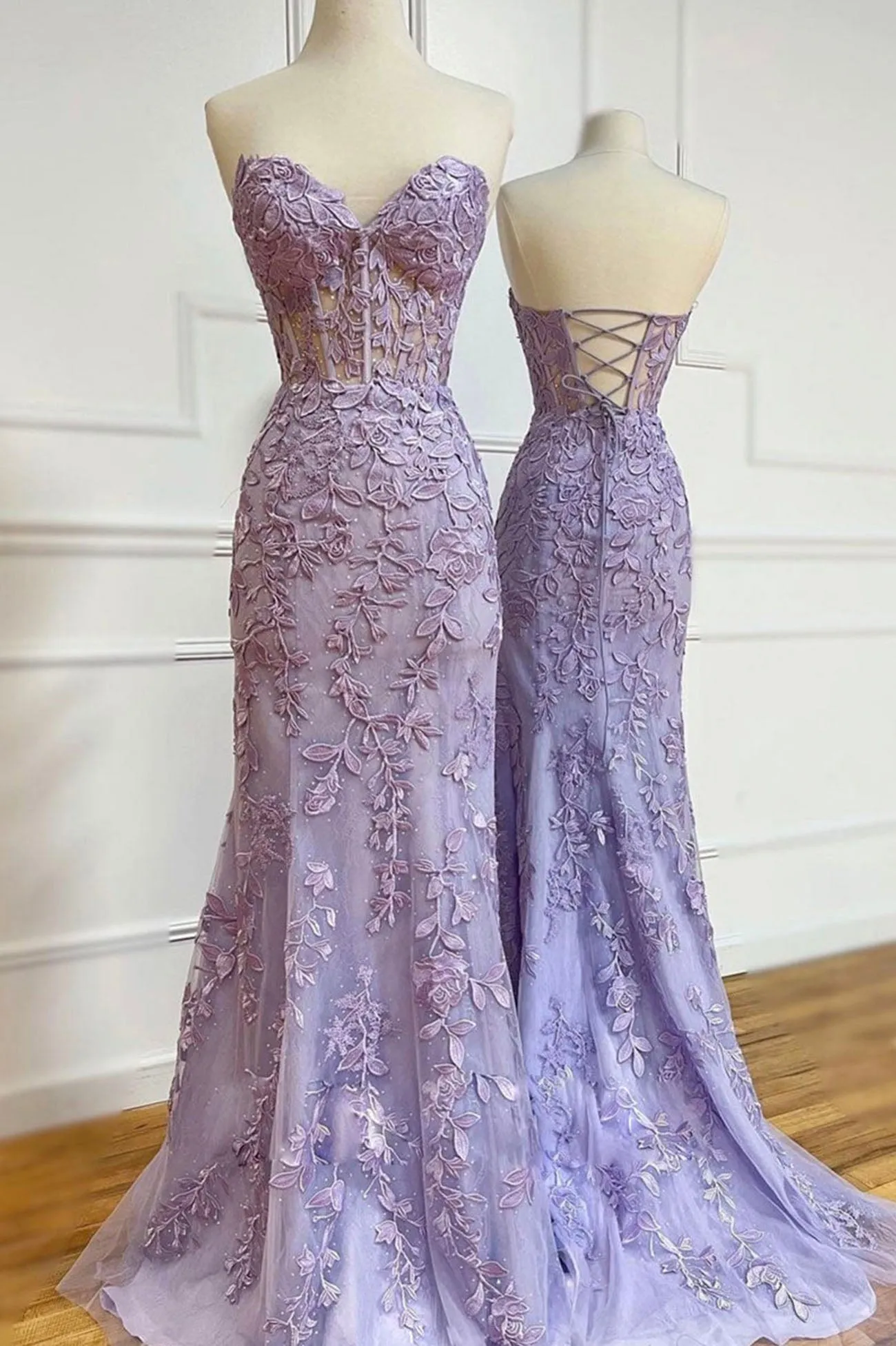 Purple Lace Long Prom Dresses Mermaid Strapless Evening Dresses