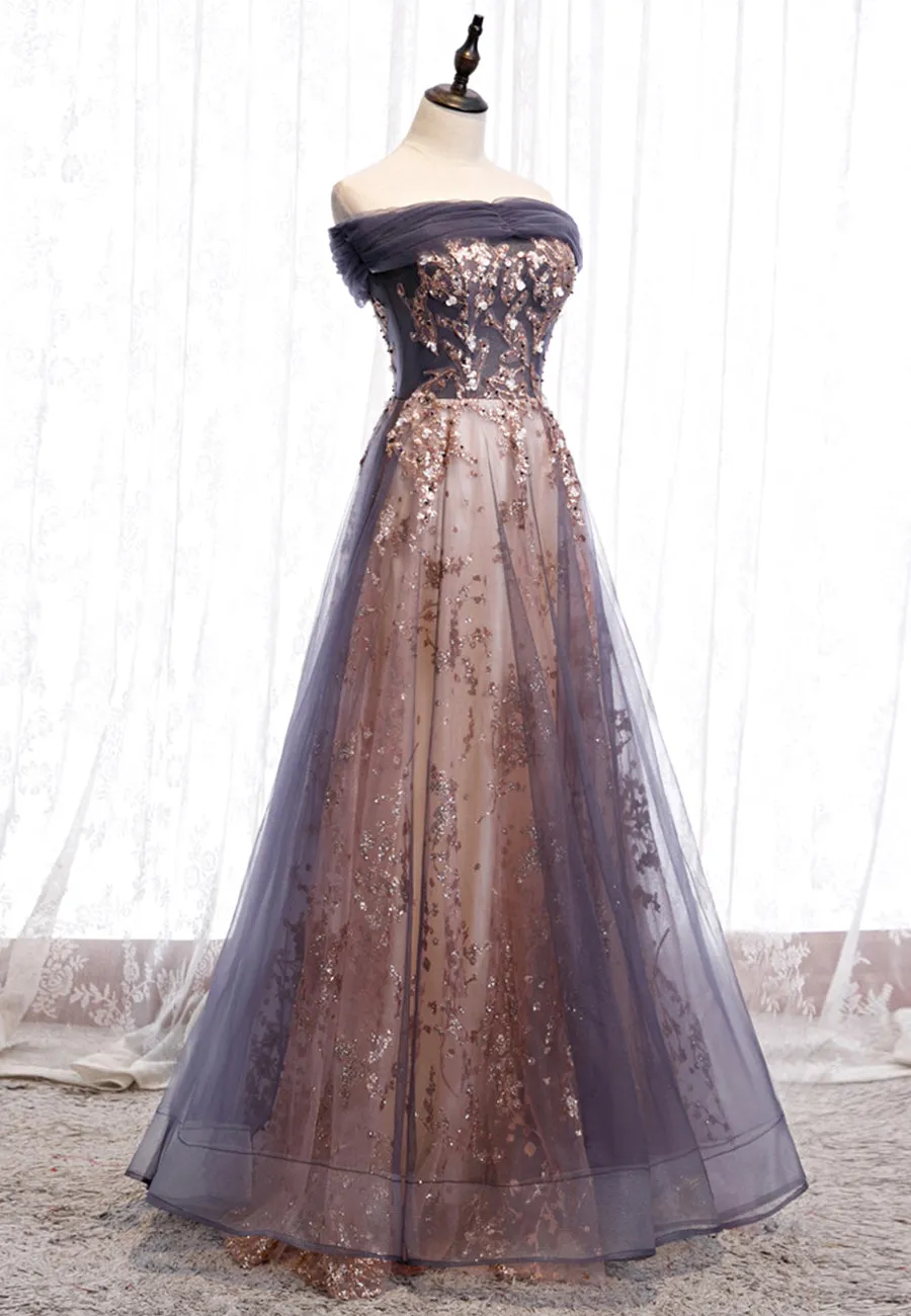 Purple Tulle Long Prom Dresses A-Line Evening Dresses