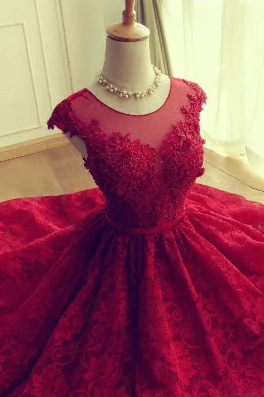 Red Short Lace Homecoming Dresses, Knee-length Prom Dresses UQH0070