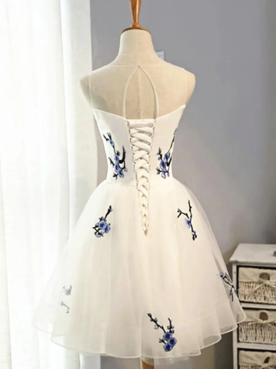 Round Neck Short White Prom Dresses, Short White Floral Graduation Homecoming Dresses