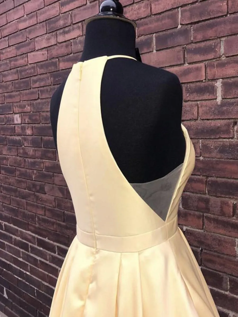 Simple Halter Yellow Satin Long Prom Dresses 2019, Yellow Formal Dresses Long Evening Dresses