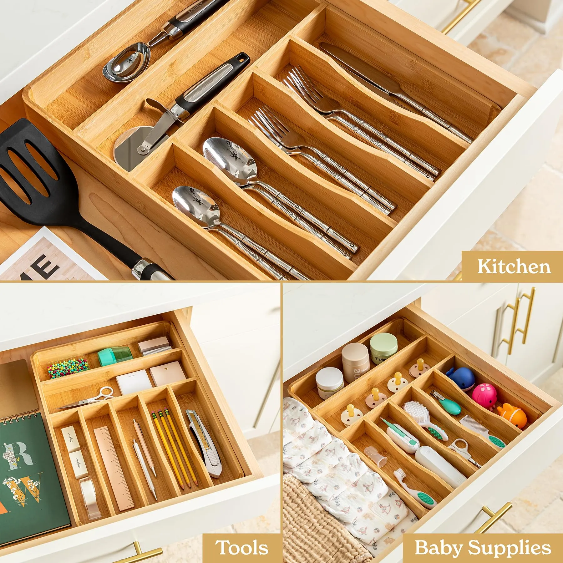 SMIRLY Bamboo Silverware Organizer for Drawer Kitchen Drawer Organizer