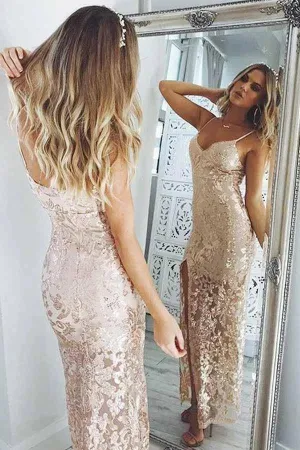 Spaghetti Straps Side Slit Long Prom Dresses, Sheath Split Formal Dresses UQ2614