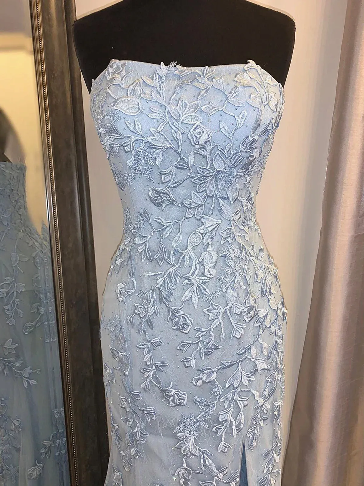 Strapless Sky Blue Lace Mermaid Long Prom Dresses Blue Lace Mermaid Formal Graduation Dresses