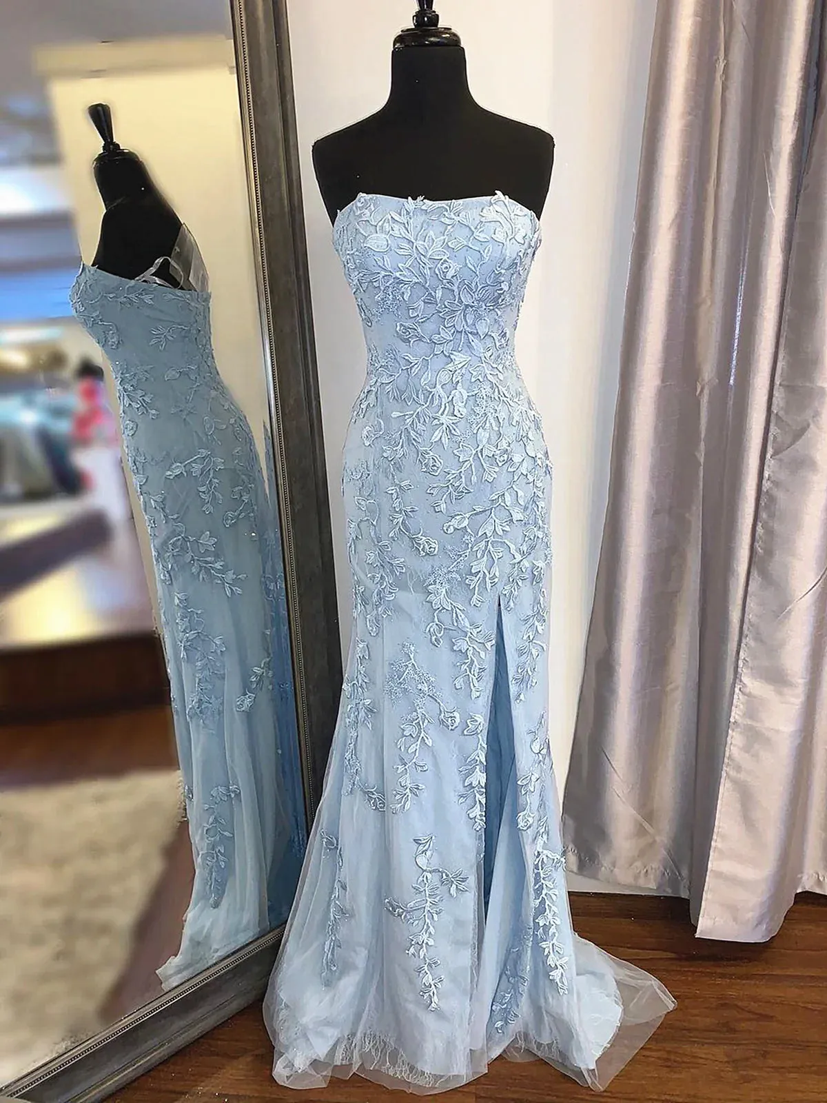 Strapless Sky Blue Lace Mermaid Long Prom Dresses Blue Lace Mermaid Formal Graduation Dresses